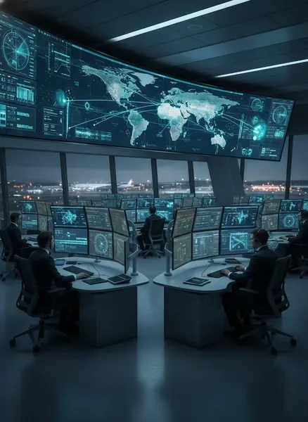 חדר בקרה תעופתי מודרני עם צוות מקצועי